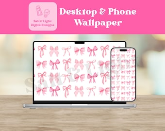 Pink Bow Desktop and Phone Wallpaper - Pink Coquette Bow Wallpaper - Digital Download