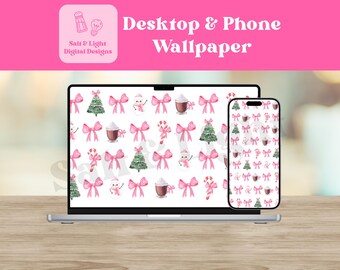 Pink Bows Christmas Desktop and Phone Wallpaper - Pink Coquette Bow - Digital Download