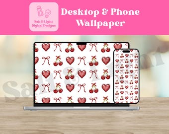 Cherries and Bows Desktop & Phone Wallpaper - Red Bow Wallpaper - Digital Download