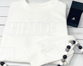 Embroidered Bride Crewneck Sweatshirt, Wedding Date Sleeve Detail