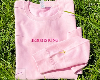 Jesus is king Sweatshirt With Cross on Sleeve, Christian Based Clothing, Faith Based Apparel, Embroidered Crewneck Sweatshirt