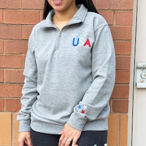 USA Embroidered Quarter Zip Sweatshirt, Independence Day Gift, 4th of July Sweatshirt, Women&#39;s Patriotic Sweatshirt, Independence Day outfit