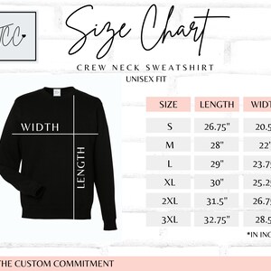 May include: Size chart for a crew neck sweatshirt with unisex fit. The chart shows sizes S through 3XL with corresponding length and width measurements in inches.