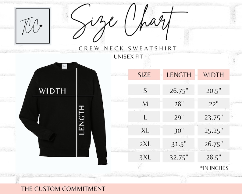 May include: Size chart for a crew neck sweatshirt with unisex fit. The chart shows sizes S through 3XL with corresponding length and width measurements in inches.