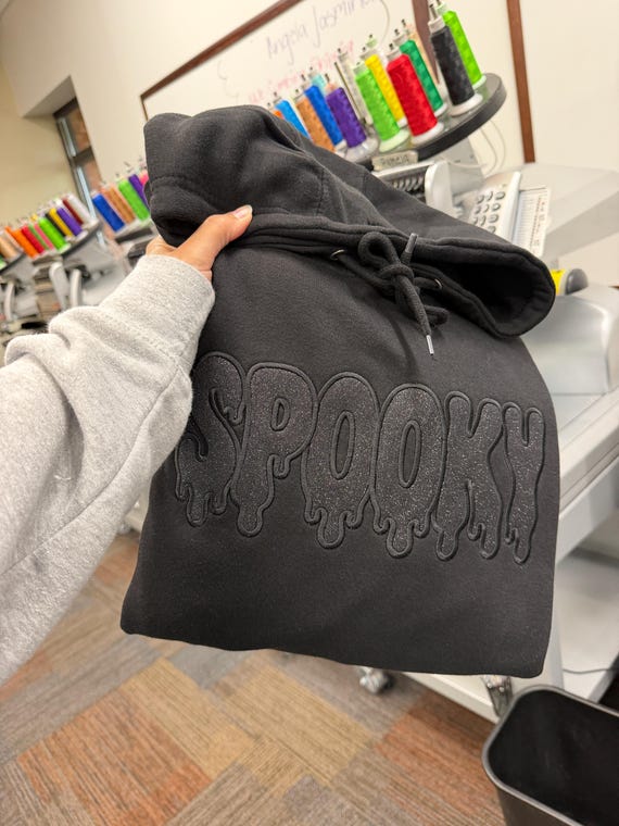 Glitter Embroidered Spooky Hoodie, Black Halloween Hoodie