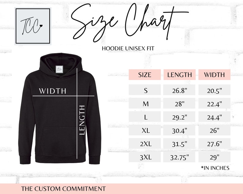 May include: Size chart for a unisex hoodie. The chart shows the size, length, and width in inches for sizes S through 3XL.