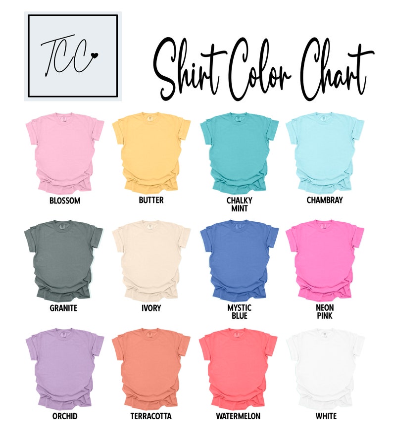 Op de afbeelding: Kleurenkaart met 12 verschillende T-shirt kleuren. De kleuren zijn: Blossom, Butter, Chalky Mint, Chambray, Granite, Ivory, Mystic Blue, Neon Pink, Orchid, Terracotta, Watermelon en White.