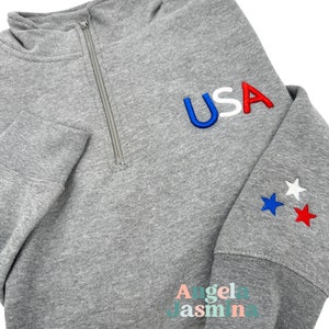 USA Embroidered Quarter Zip Sweatshirt, America Stars Sweater, 4th of July Sweatshirt, Women&#39;s Patriotic Sweatshirt, Independence Day outfit