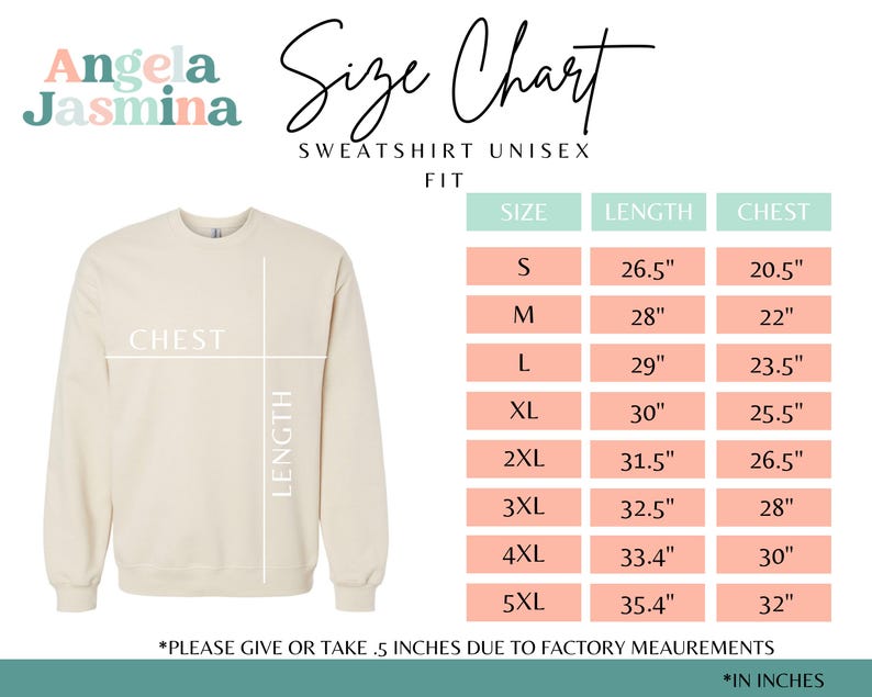 May include: Size chart for a unisex sweatshirt, showing measurements in inches for chest and length for sizes S through 5XL. The chart is on a light pink background with a white border.