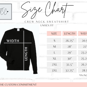 May include: Size chart for a crew neck sweatshirt with unisex fit. The chart shows sizes S through 3XL with corresponding length and width measurements in inches.