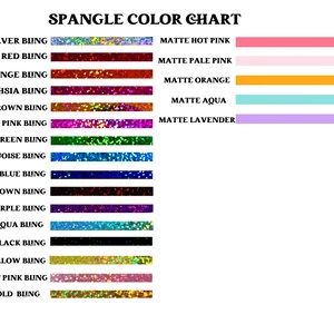 May include: A colour chart displaying various shades of sequins. The colours are silver, red, orange, fuchsia, light brown, medium pink, green, turquoise, royal blue, dark brown, purple, aqua, black, yellow, light pink, and gold. The chart also includes the names of the colours in a matte finish.