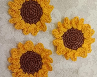 Apliques de ganchillo, flores, 1 girasol de ganchillo, scrapbooking, hechos a mano, parches para coser. Adornos.