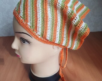 Bufanda de ganchillo a rayas: pañuelo de algodón estilo bohemio, accesorio para el cabello hecho a mano.