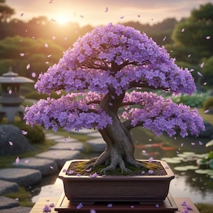 May include: A bonsai tree with vibrant purple flowers in a rectangular pot. The tree is set against a blurred background of a Japanese garden with a stone path, a pond, and a stone lantern. Petals are falling.