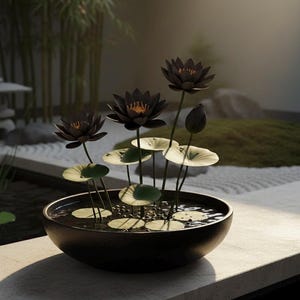 May include: A black ceramic bowl holds water and several dark lotus flowers with yellow centers and green lily pads. The bowl sits on a stone surface, with a Japanese garden in the background.