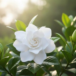 May include: A close-up of a white gardenia flower in full bloom, surrounded by green leaves and buds. The flower has multiple layers of petals and a spiral center. The background is blurred with sunlight.