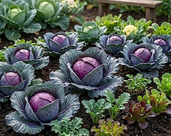 May include: A garden bed filled with various cabbages and other leafy green vegetables. The foreground features several vibrant purple cabbages with tightly packed heads, surrounded by dark green leaves. Other cabbages are visible in the background.