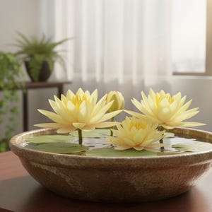 May include: A decorative bowl with water lilies. The bowl is a light brown color with a textured surface. The water lilies are yellow with green lily pads. The background includes plants and a window with sheer curtains.