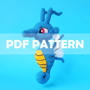 May include: A crochet pattern for a blue and yellow seahorse amigurumi. The pattern is available as a PDF download. PDF PATTERN is written in white text on a blue background.