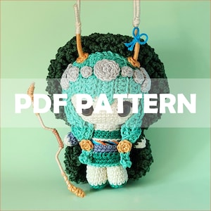 May include: Crochet pattern for a green and white amigurumi doll with a leafy crown and a bow. The doll is holding a twig bow and arrow. The text "PDF PATTERN" is visible in the image.
