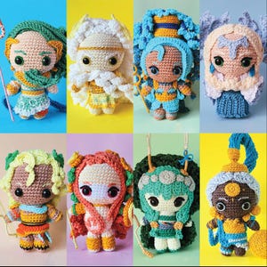 May include: Eight crocheted amigurumi dolls, each with a different color scheme and design. The dolls are all wearing different outfits and accessories, and they are all standing on a white background.