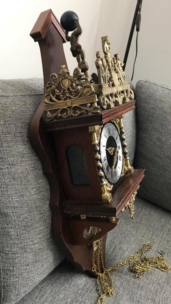 Vintage Dutch Zaanse Wall Clock – Ornate Wooden & Brass Pendulum