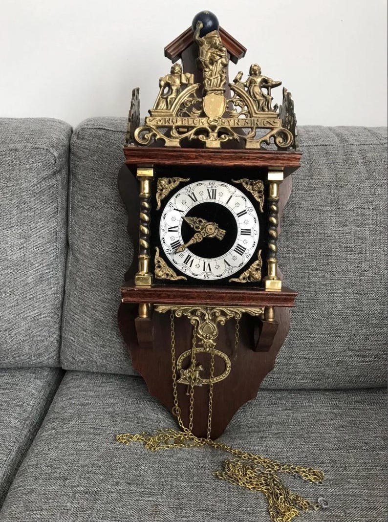 Vintage Dutch Zaanse Wall Clock – Ornate Wooden & Brass Pendulum Clock ...
