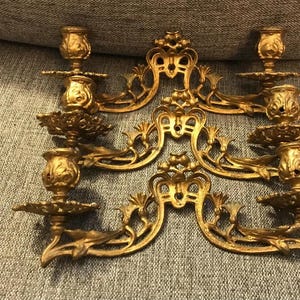 Pair of Vintage Brass Wall Candle Holders – Ornate Rococo Style – 3-Arms – Wall Sconces
