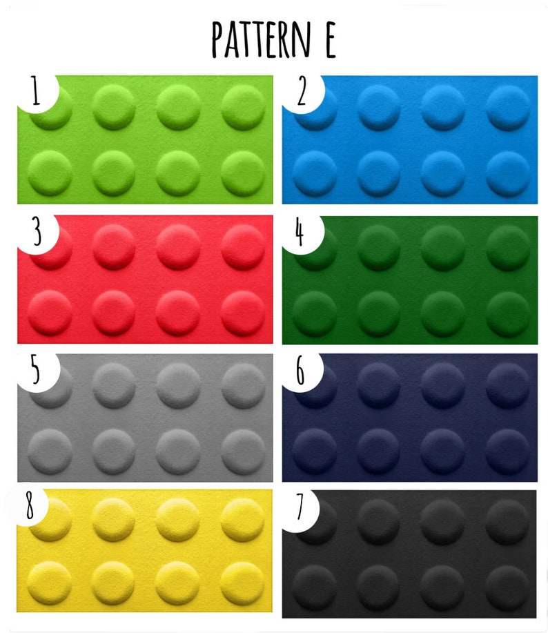 K&ouml;nnte beinhalten: Acht unterschiedlich farbige Quadrate mit einem Muster aus sechs Kreisen auf jedem. Die Quadrate sind von 1 bis 8 nummeriert. Die Farben sind gr&uuml;n, blau, rot, gr&uuml;n, grau, dunkelblau, gelb und schwarz.