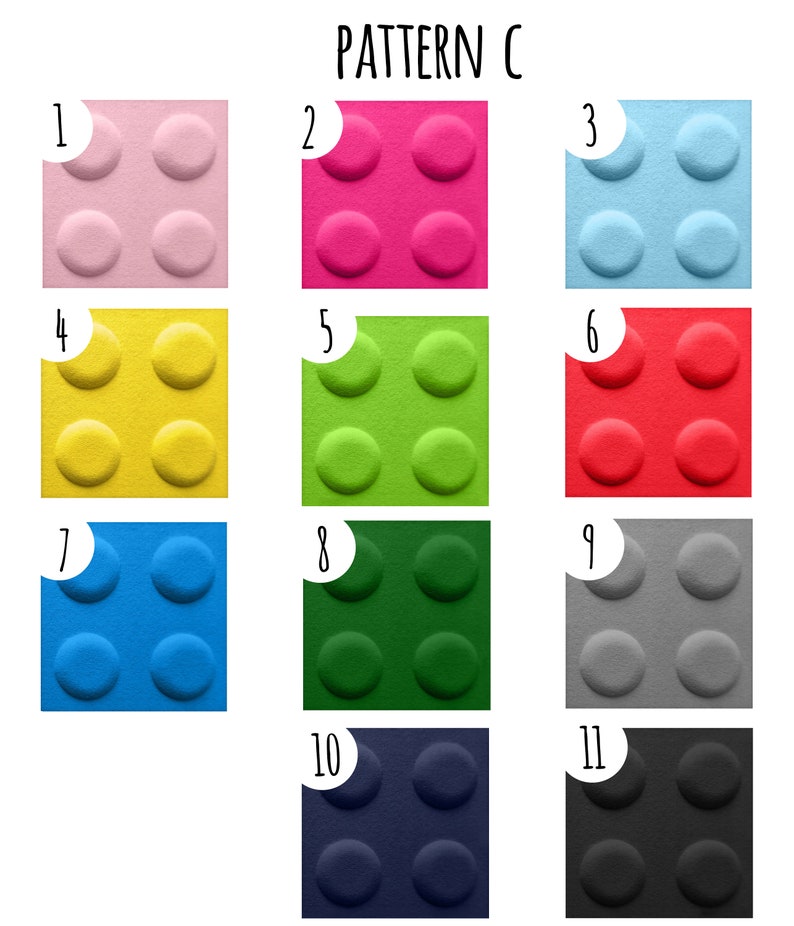 K&ouml;nnte beinhalten: Ein Diagramm mit 11 verschiedenen farbigen Quadraten, jedes mit einem Muster aus drei Kreisen. Die Quadrate sind von 1 bis 11 nummeriert. Die Farben sind rosa, pink, hellblau, gelb, gr&uuml;n, rot, blau, dunkelgr&uuml;n, grau, dunkelblau und schwarz.