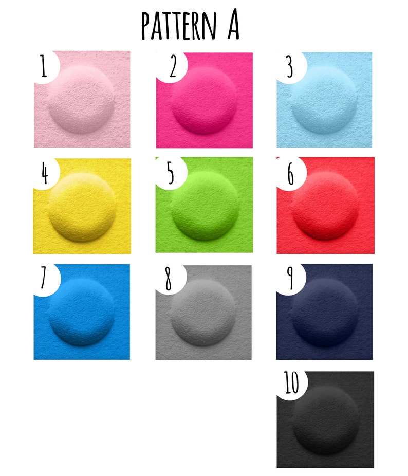 K&ouml;nnte beinhalten: Farbkarte Muster A mit zehn verschiedenen Farben. Die Farben sind rosa, pink, hellblau, gelb, gr&uuml;n, rot, blau, grau, dunkelblau und schwarz.