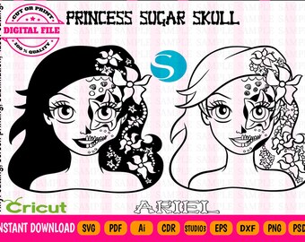 Princess  Ariel Svg 2x1 - Ariel Sugar skull Silhouette- Princess Sugar Skull - Princess Halloween - Ariel Halloween - New Version. Ariel svg