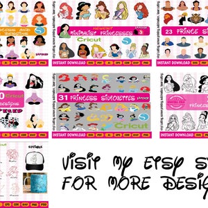 Peut inclure: Plusieurs mod&egrave;les num&eacute;riques de princesses, de m&eacute;chants et de princes Disney. Comprend des silhouettes et des mod&egrave;les en couches pour Cricut et autres machines de d&eacute;coupe. Le texte "Visit my Etsy store for more designs" est &eacute;galement pr&eacute;sent.