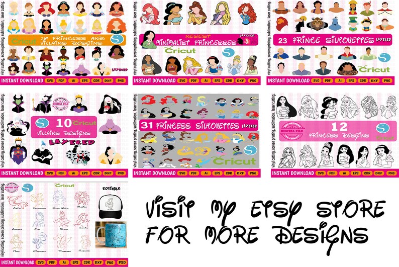 Peut inclure: Plusieurs mod&egrave;les num&eacute;riques de princesses, de m&eacute;chants et de princes Disney. Comprend des silhouettes et des mod&egrave;les en couches pour Cricut et autres machines de d&eacute;coupe. Le texte "Visit my Etsy store for more designs" est &eacute;galement pr&eacute;sent.