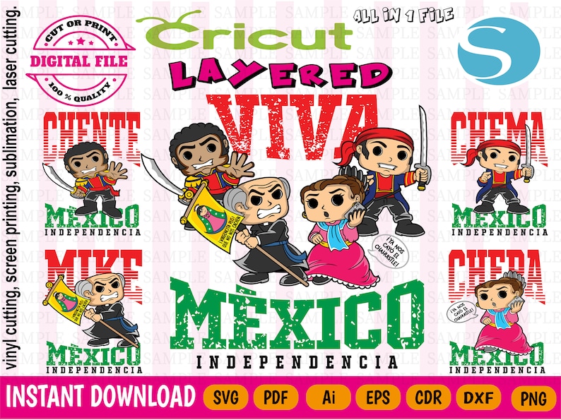 May include: A digital design file for a layered Cricut project featuring the text "Viva Mexico Independencia" in red, white, and green. The design includes four different characters, each with a unique expression and pose. The characters are dressed in traditional Mexican clothing and hold various props, including a flag, a guitar, and a sombrero. The design is perfect for creating personalized crafts, such as t-shirts, mugs, and home decor.