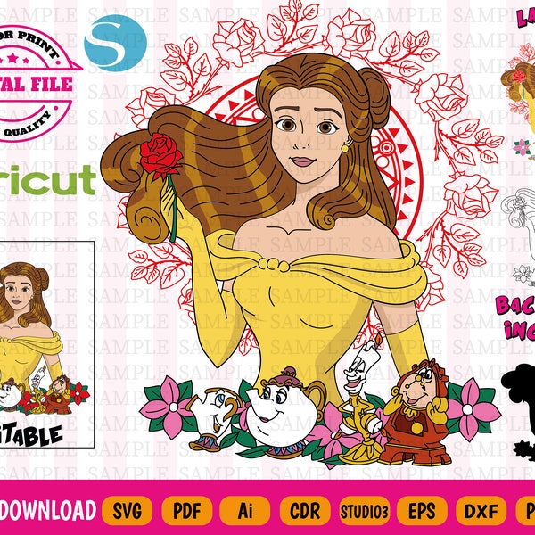 Princess Belle Svg - Bella Vector - Belle Clipart - Belle png - La bella y la bestia Svg - 9 file formats - Digital File Instant Download v1