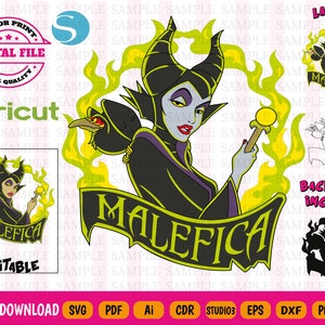 May include: A layered digital cut file of Maleficent from Disney's Sleeping Beauty. The image features Maleficent with her signature horns, purple dress, and green flames. The text "Maleficent" is written in a bold, black font on a green banner. The file is available for instant download in SVG, PDF, AI, CDR, STUDIO3, EPS, DXF, PNG, and PSD formats.
