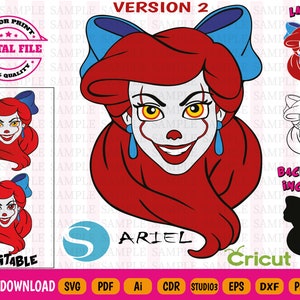 Puede incluir: Un archivo digital para un diseño SVG en capas de un personaje de dibujos animados de pelo rojo con un diseño de maquillaje de payaso. El personaje lleva un lazo azul y tiene una gran sonrisa. El texto "Ariel" está escrito debajo del personaje. El texto "Versión 2" y "Layered" está escrito en la esquina superior derecha de la imagen. El texto "Back Layer Included" está escrito en la esquina inferior derecha de la imagen. El texto "Instant Download" está escrito en la parte inferior de la imagen. El texto "SVG, PDF, Ai, CDR, Studio3, EPS, DXF, PNG, PSD" está escrito en la parte inferior de la imagen.