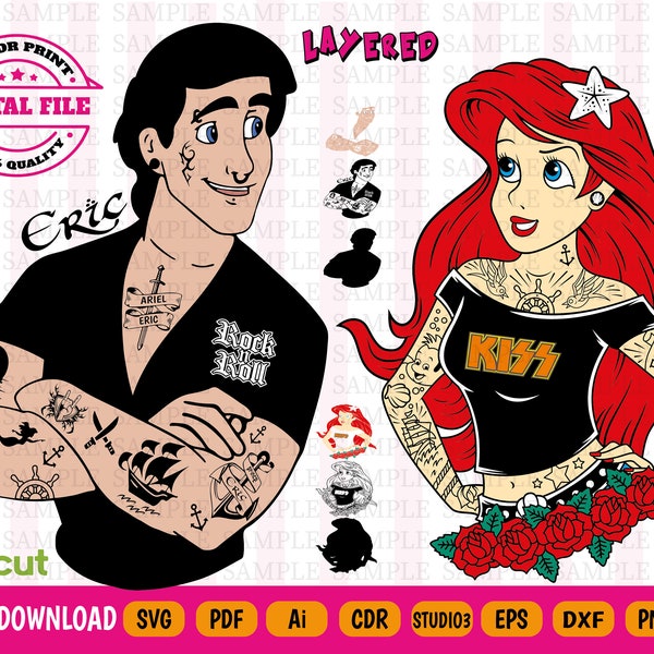 Princess Collection Tattoo 2 in 1 - Princess Ariel and Prince Eric Svg - Ariel Silhouette - Ariel svg - Sofortiger Download - 9 Dateiformate