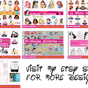 May include: A collection of digital cut files featuring Disney princesses and villains. The files are available for instant download in SVG, PDF, AI, EPS, CDR, DXF, and PNG formats. The designs are layered and perfect for use with Cricut.