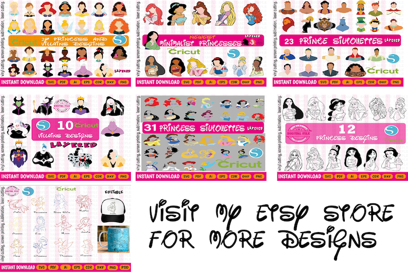 May include: A collection of digital cut files featuring Disney princesses and villains. The files are available for instant download in SVG, PDF, AI, EPS, CDR, DXF, and PNG formats. The designs are layered and perfect for use with Cricut.