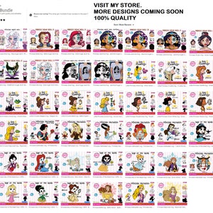 May include: A collection of 48 digital cut files featuring various Disney princesses, including Snow White, Cinderella, Ariel, Belle, and more. The designs are in black and white and are perfect for crafting projects like t-shirts, mugs, and stickers.