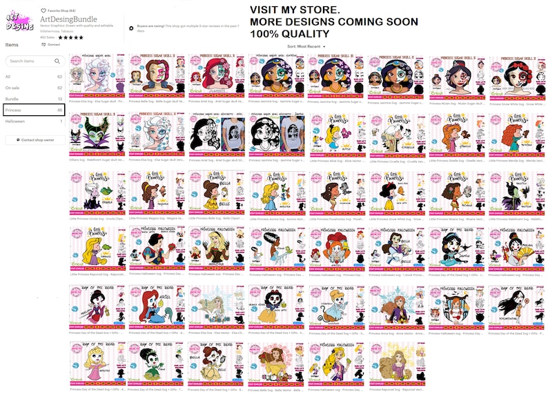 May include: A collection of 48 digital cut files featuring various Disney princesses, including Snow White, Cinderella, Ariel, Belle, and more. The designs are in black and white and are perfect for crafting projects like t-shirts, mugs, and stickers.