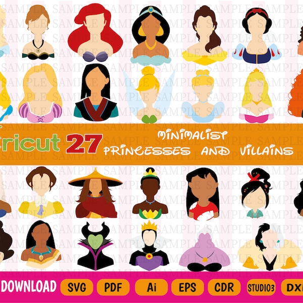 Minimalist Princesses -Princess Silhouette SVG Bundle - Princess faceless - Instant Download - Digital file - Vector graphics 9 file formats