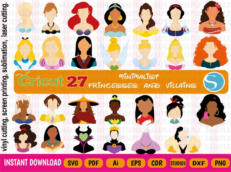 Peut inclure: T&eacute;l&eacute;chargement num&eacute;rique avec des illustrations minimalistes de 27 princesses et m&eacute;chants. L'image comprend le texte "Cricut 27 Princesses and Villains" et les options de format de fichier : SVG, PDF, AI, EPS, CDR, STUDIO3, DXF et PNG.