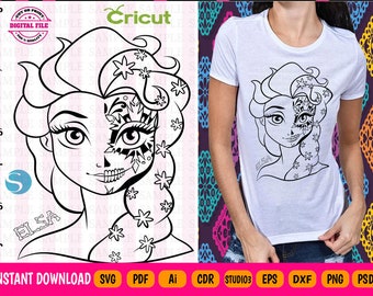 Princess Elsa Svg - Elsa Sugar skull Silhouette - Princess Sugar Skull - Princess Halloween - Elsa Halloween - New Version.  Elsa svg