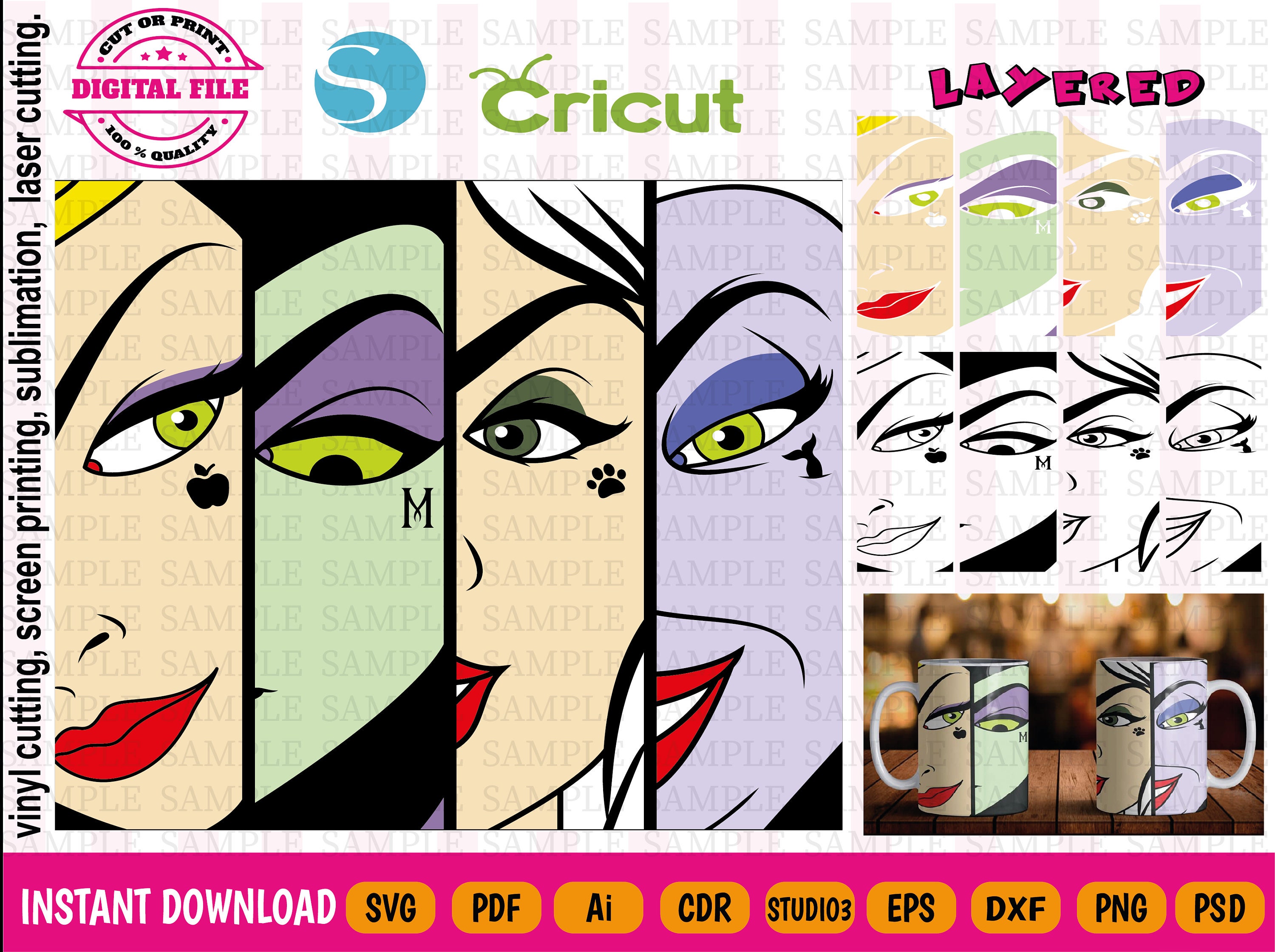 Villain svg - Villains faces svg - Villain face - Cut file - Instant download - 9 file formats - Vector - Layered by colors