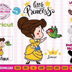 Może przedstawiać: Plik cyfrowy do warstwowego pliku do cięcia SVG przedstawiającego kreskówkową księżniczkę z koroną, ptakiem i tekstem "little princess". Plik jest edytowalny i zawiera warstwę tylną.