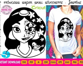 Princess Jasmine Svg - Jasmine Sugar skull Version Silhouette - Princess Sugar Skull - Princess Halloween - Jasmine Halloween - Vector