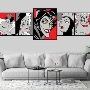Puede incluir: Un conjunto de cinco ilustraciones en blanco y negro de estilo pop art de villanos de Disney. Los villanos son Mal&eacute;fica, Cruella de Vil, la Reina Malvada, &Uacute;rsula y la Reina de Corazones. Las ilustraciones est&aacute;n sobre un fondo rojo.